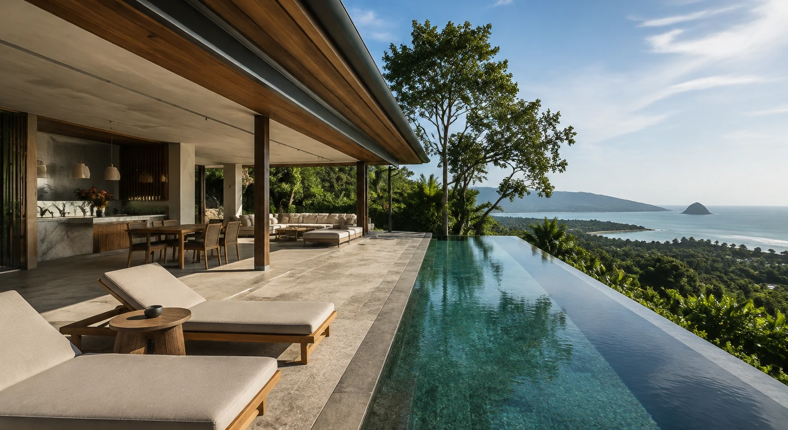 Photorealistic illustration for private villa vs five star hotel: signature experience