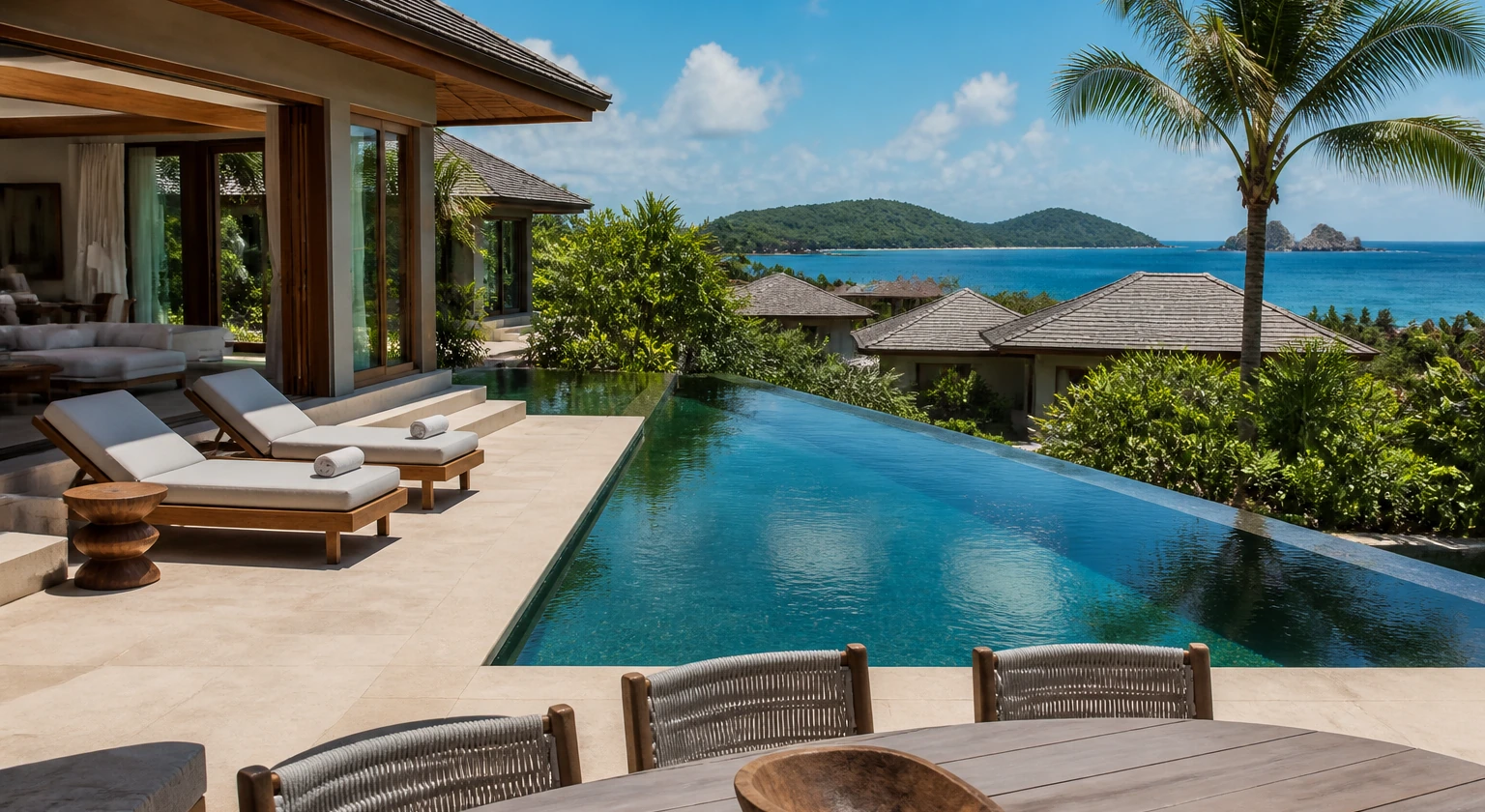 Photorealistic illustration for private villa vs five star hotel: logistics and service