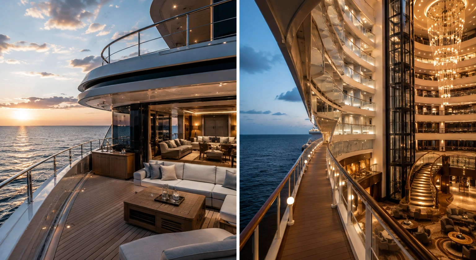 Photorealistic illustration for private yacht vs luxury cruise: accommodation and physical layout