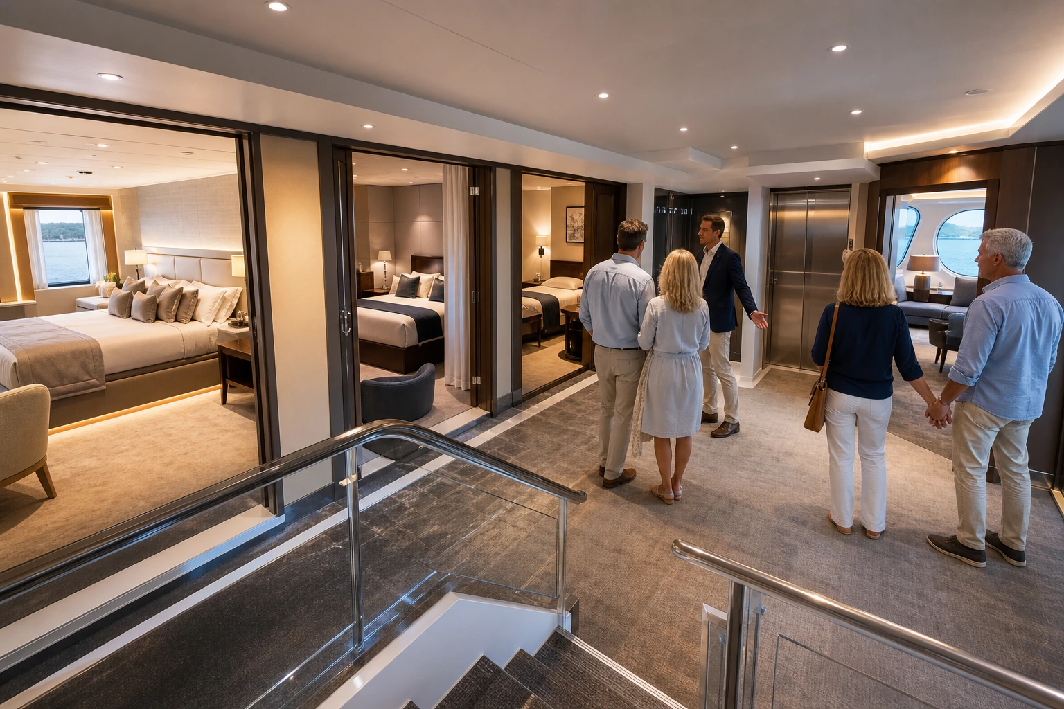 Photorealistic illustration for private yacht vs luxury cruise: accommodation and physical layout