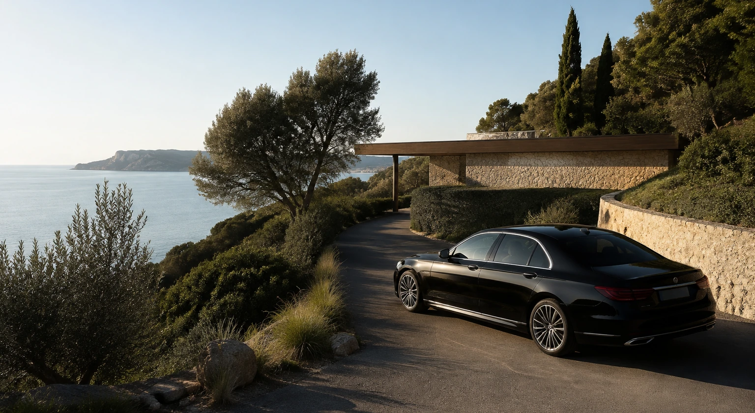 Photorealistic illustration for quiet luxury travel: setting and arrival