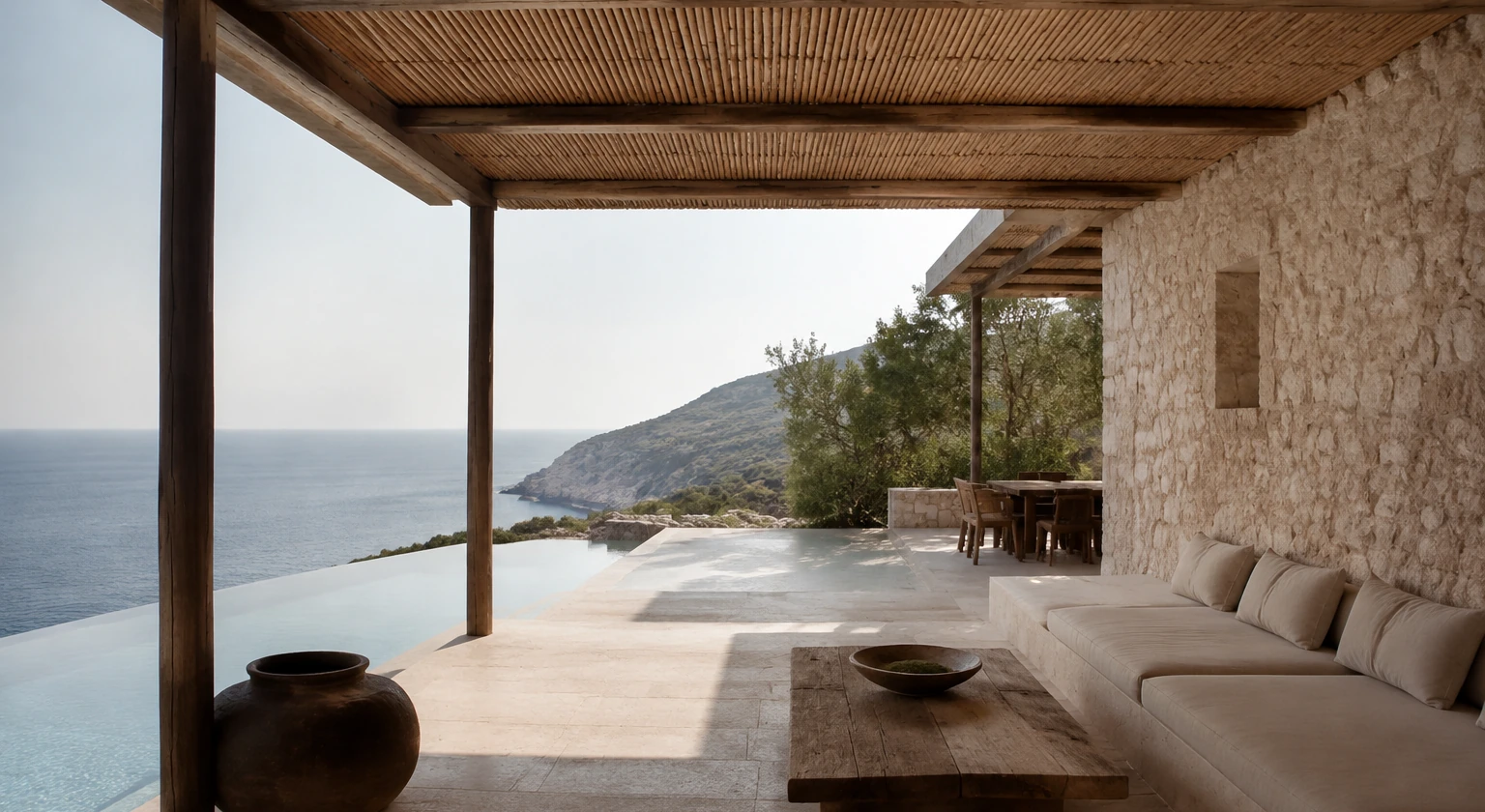Photorealistic illustration for quiet luxury travel: accommodation and physical layout