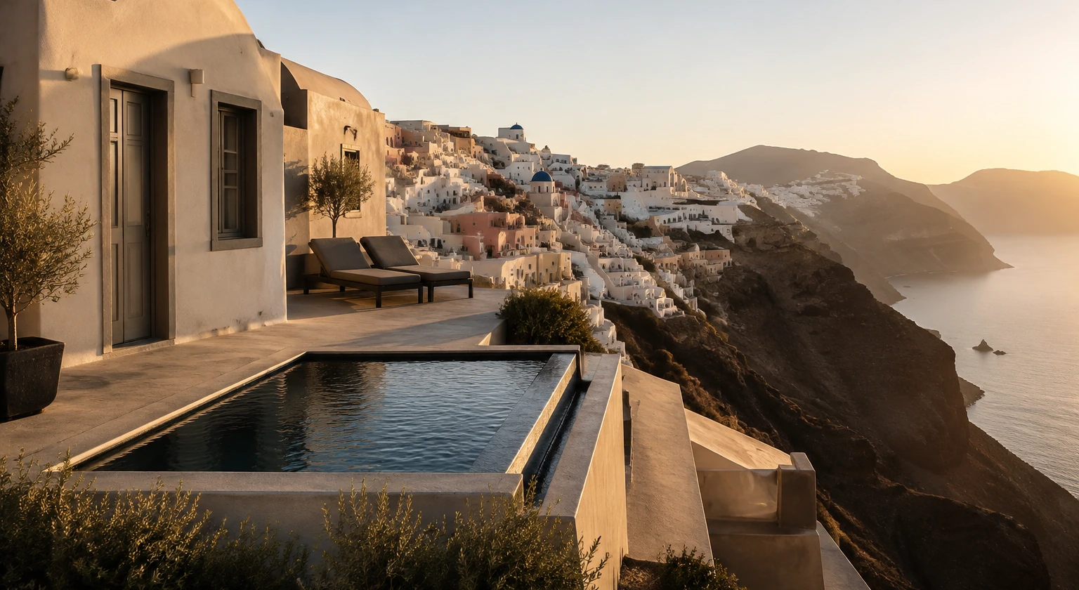 Photorealistic illustration for quiet santorini: setting and arrival