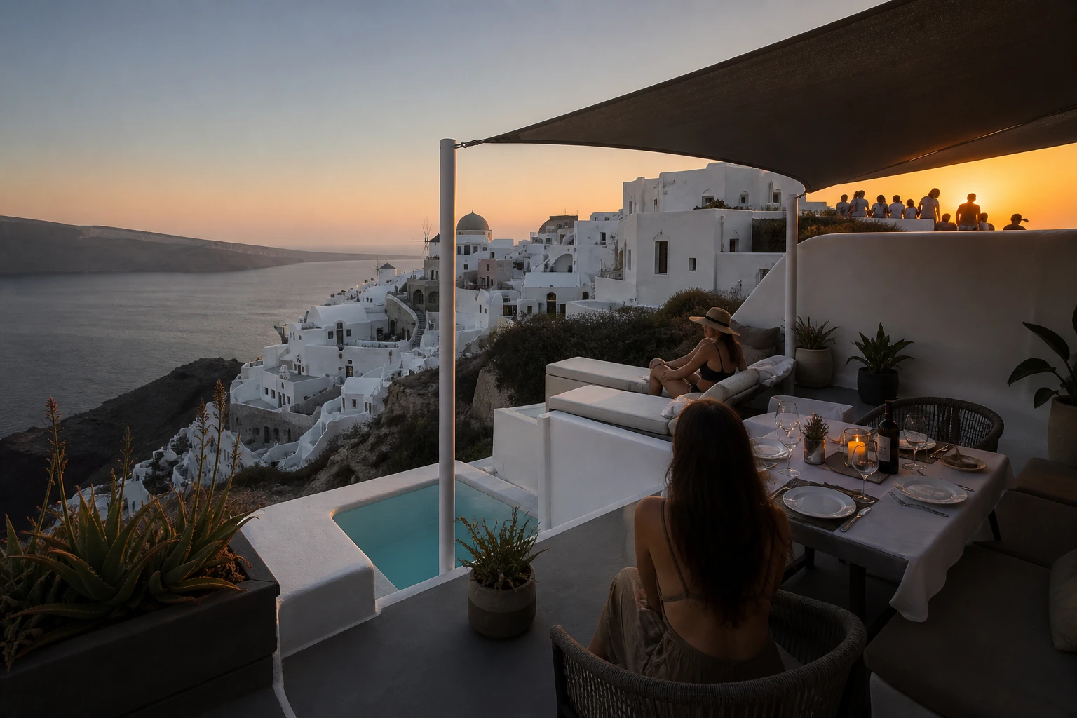 Photorealistic illustration for quiet santorini: setting and arrival