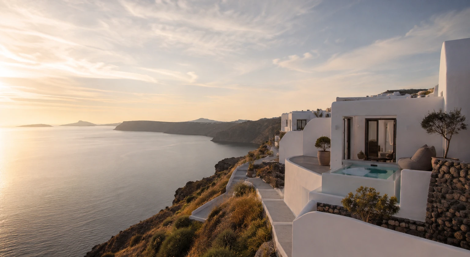 Photorealistic illustration for quiet santorini: accommodation and physical layout