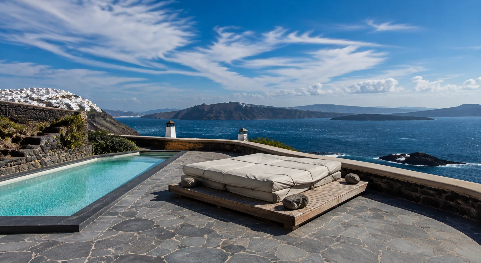 Photorealistic illustration for quiet santorini: logistics and service