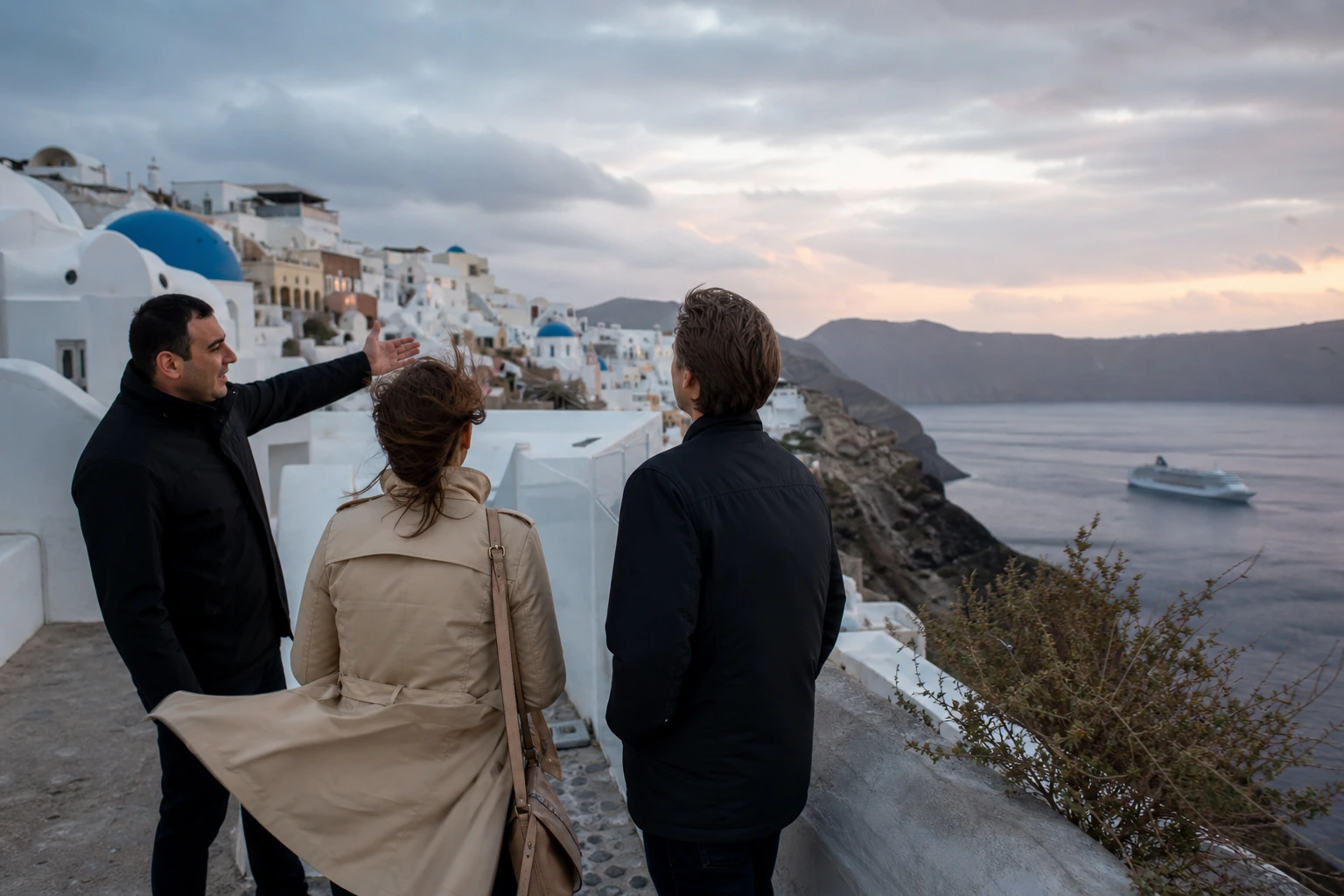 Photorealistic illustration for quiet santorini: logistics and service