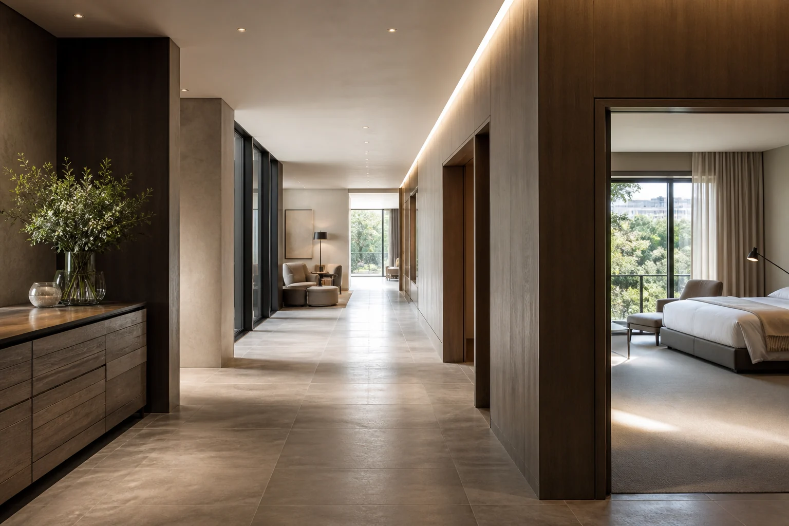Fictional design-hotel interior linking lobby, circulation and suite