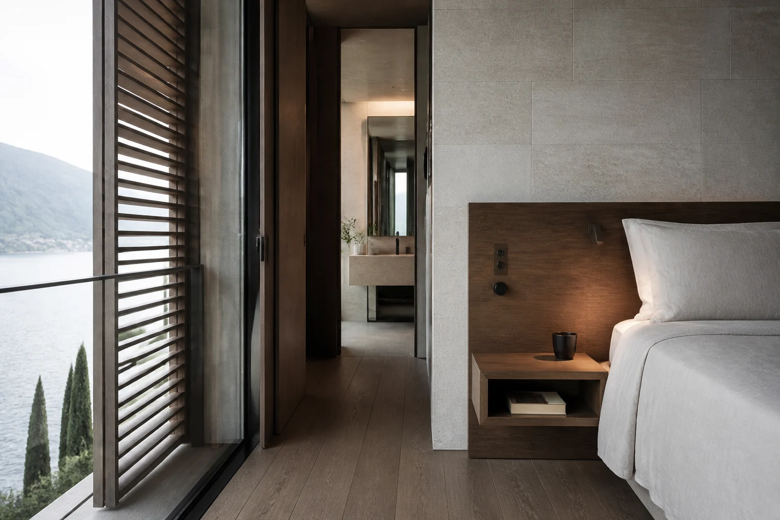 Fictional suite with shading, plain controls and clear bathroom route