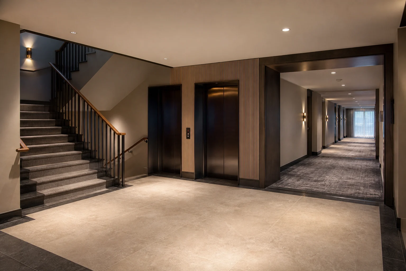 Fictional hotel circulation with stair, lifts and corridor