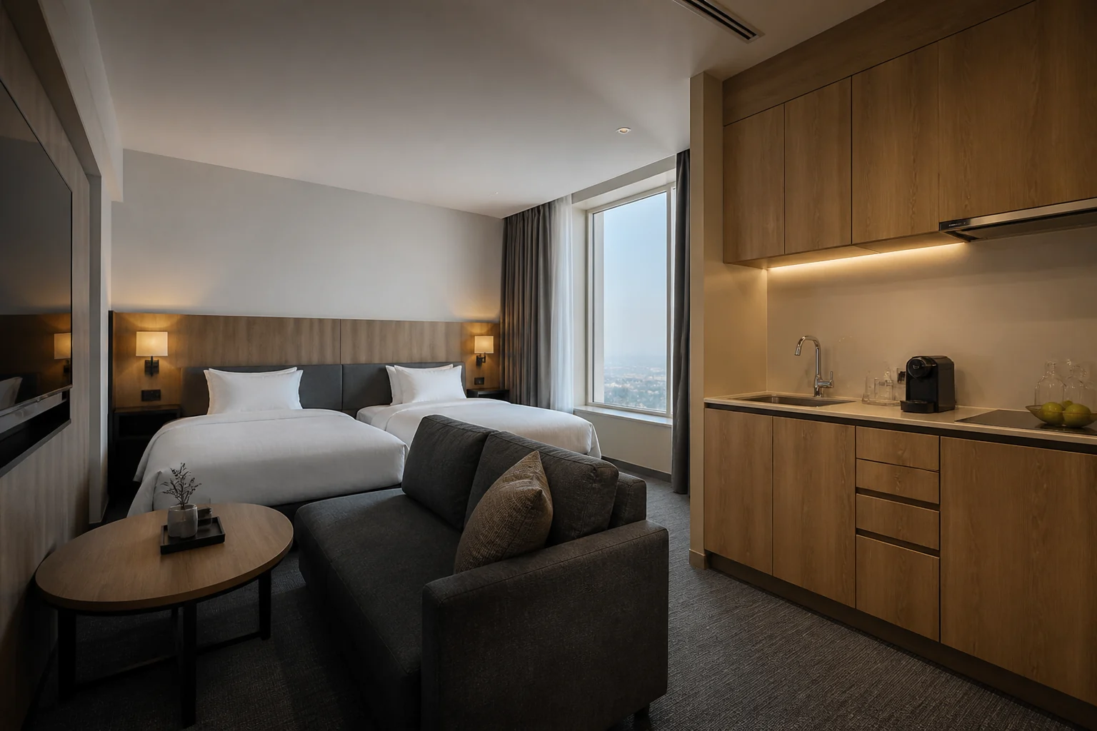 Quiet room at One Niseko Resort Towers with beds and a small kitchen