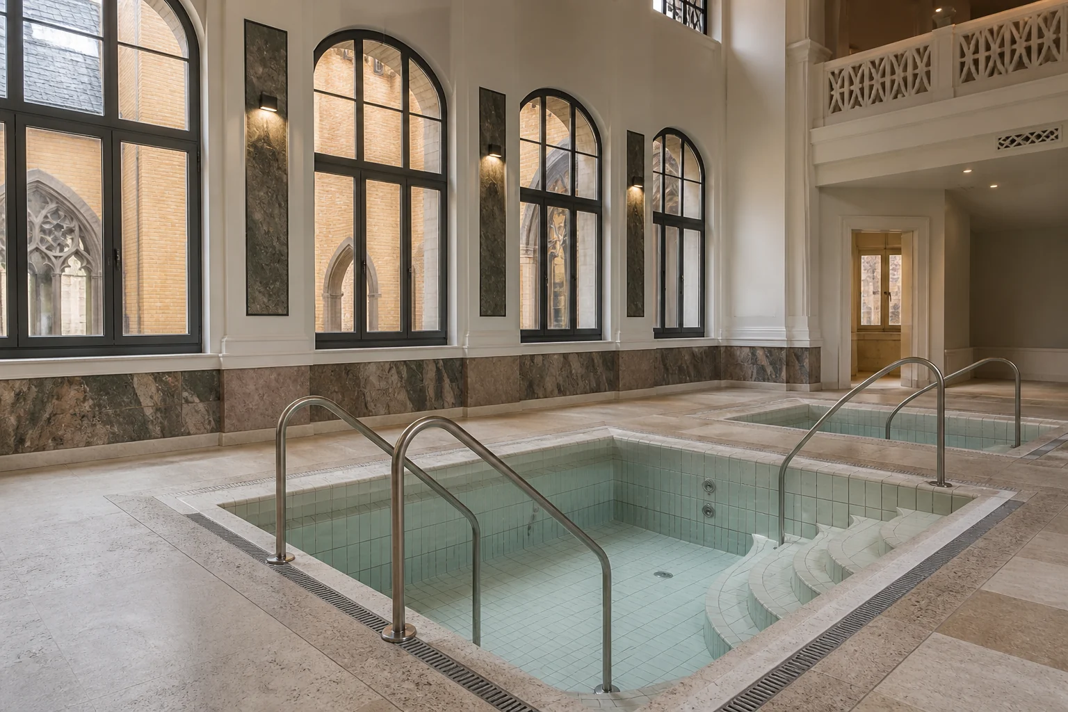 Empty plunge pools at Leipzig Stadtbad with handrails and steps