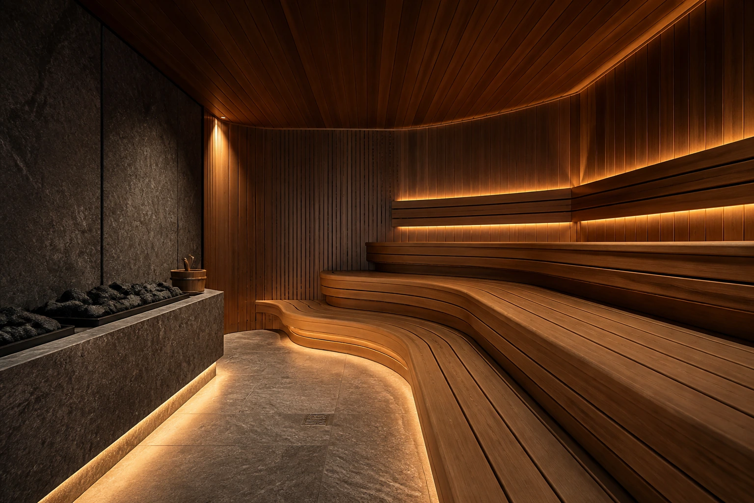 Empty dark sauna room aboard Viking Grace with tiered wooden benches