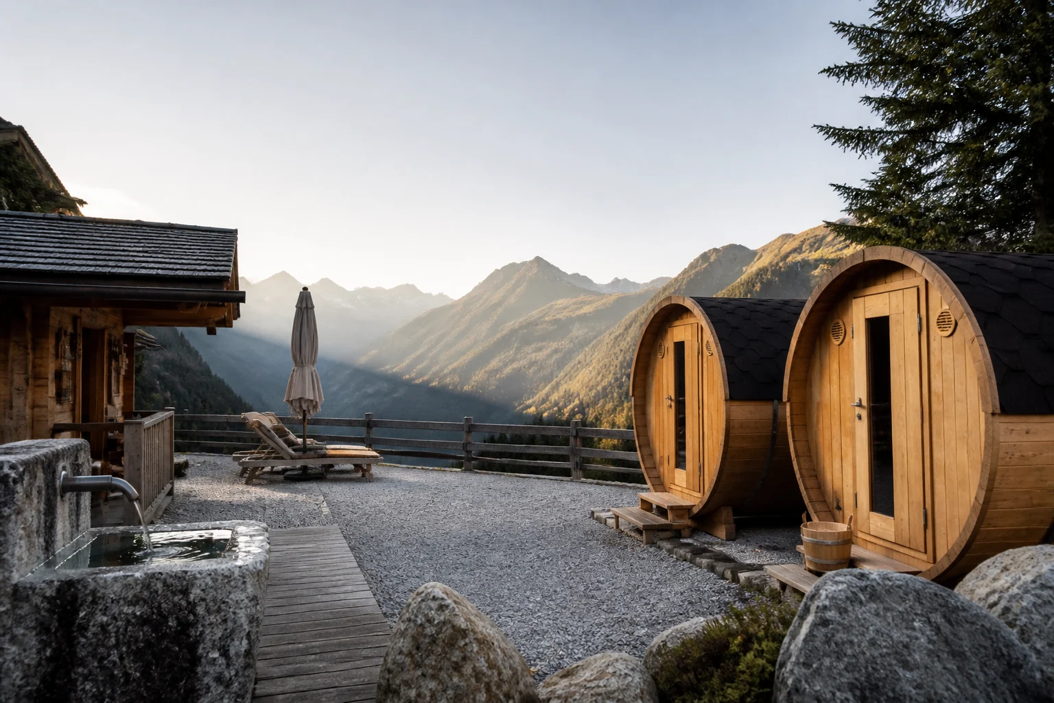 Barrel saunas and rest area at an Alpine refuge in South Tyrol