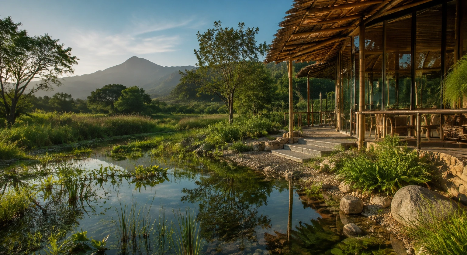 Photorealistic illustration for regenerative travel: accommodation and physical layout