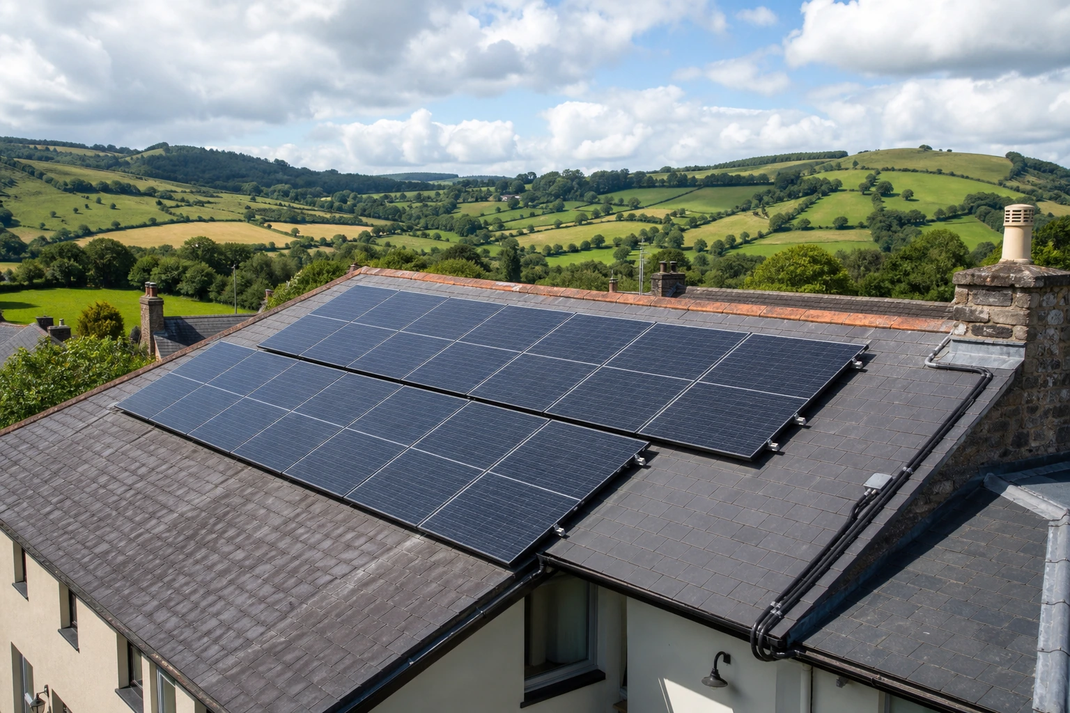 Real solar panels on the roof of Mayhill Hotel in Monmouth