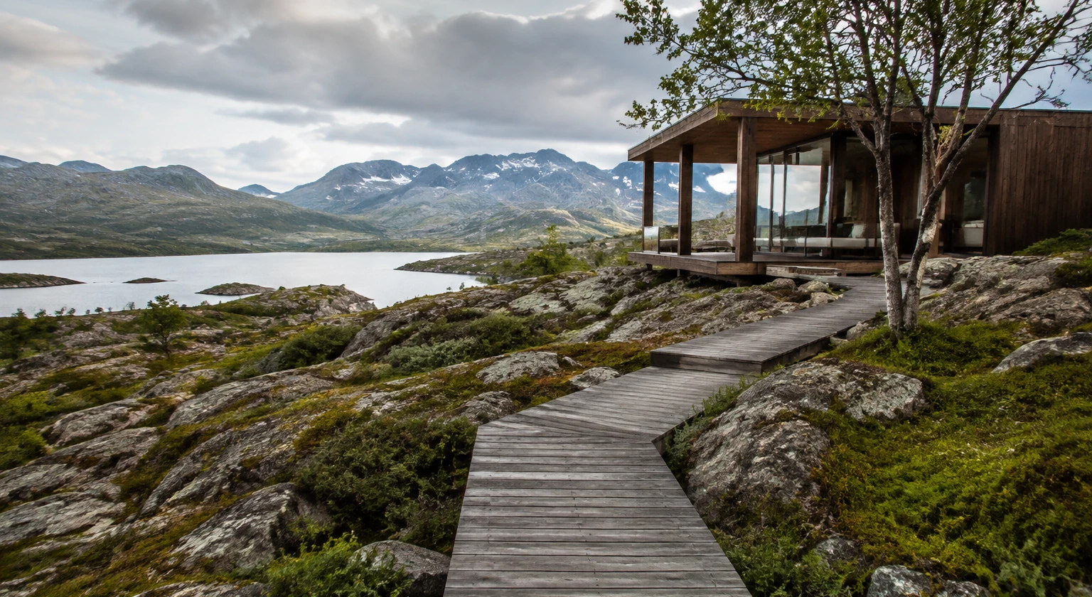 Photorealistic illustration for responsible luxury travel: setting and arrival