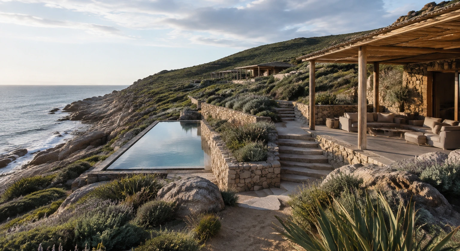Photorealistic illustration for responsible luxury travel: accommodation and physical layout