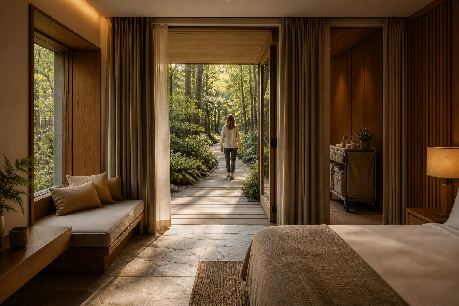 Photorealistic illustration for restorative travel: accommodation and physical layout