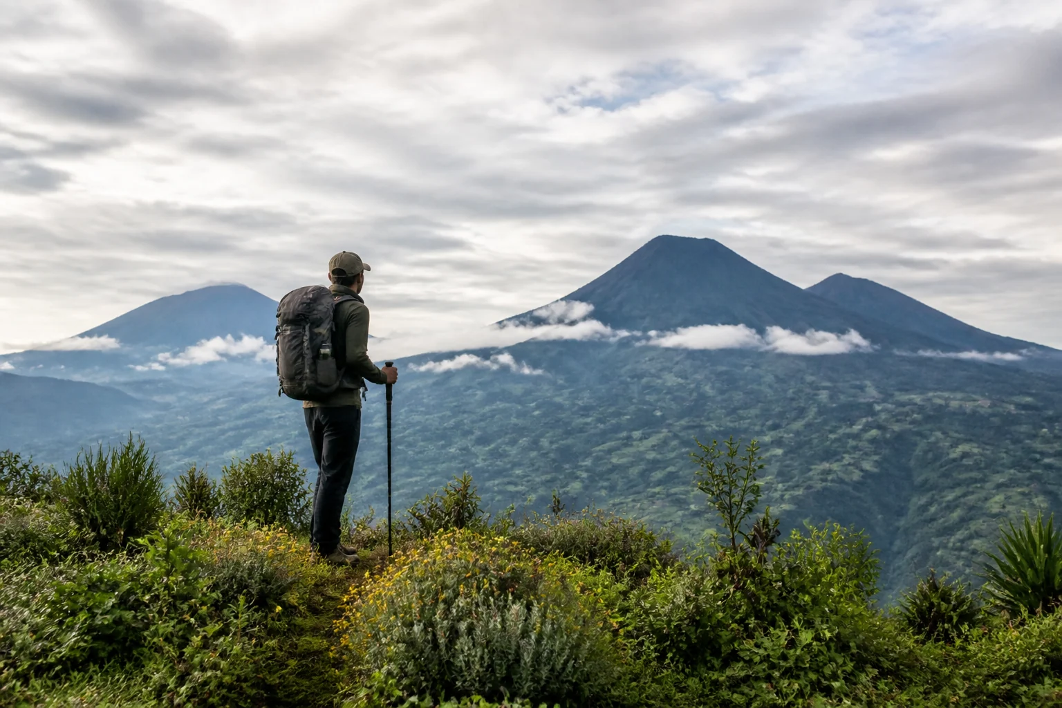 Hiker in front of volcanic mountains in northern Rwanda