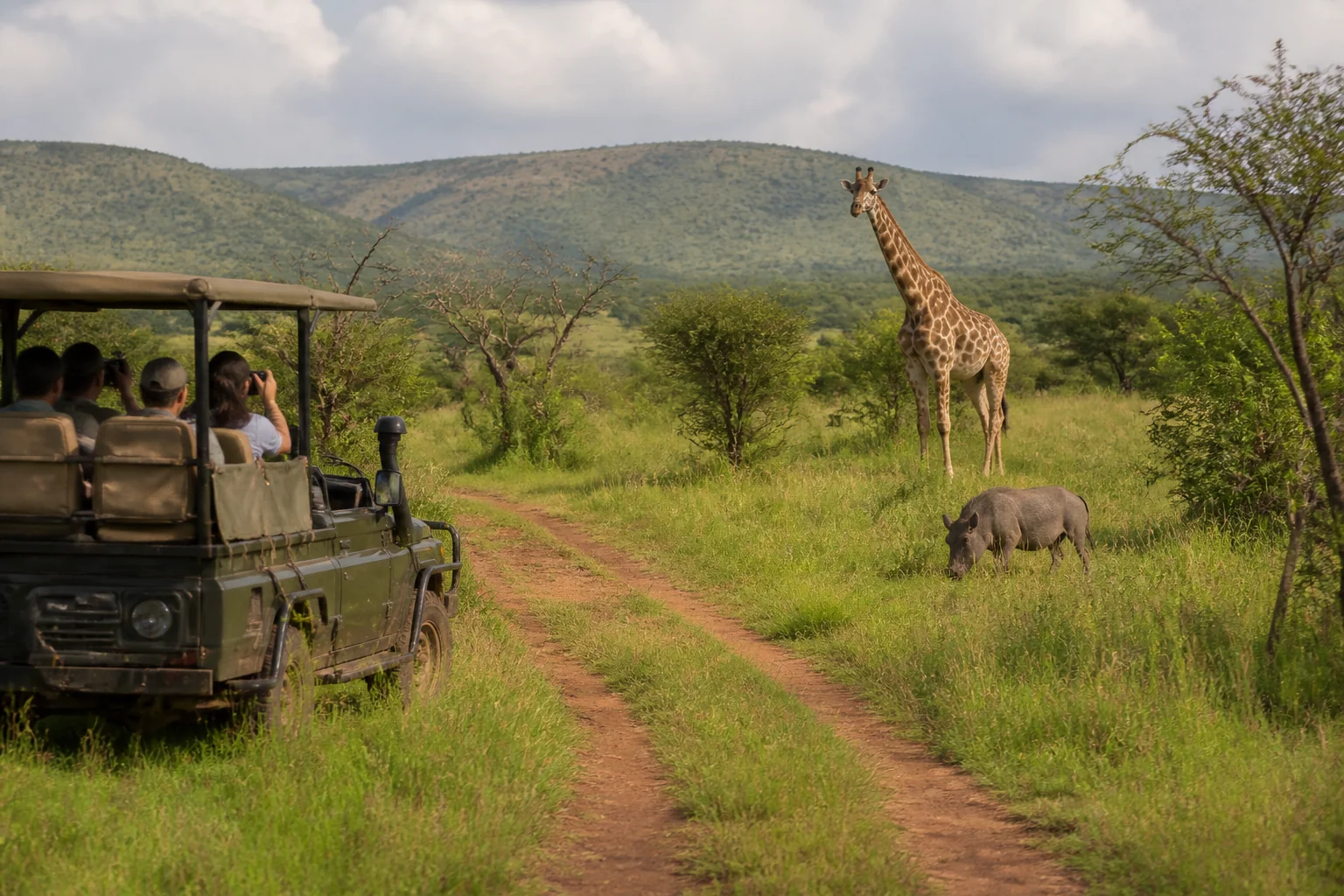 Safari vehicle facing a giraffe and warthog in Rwanda’s Akagera National Park