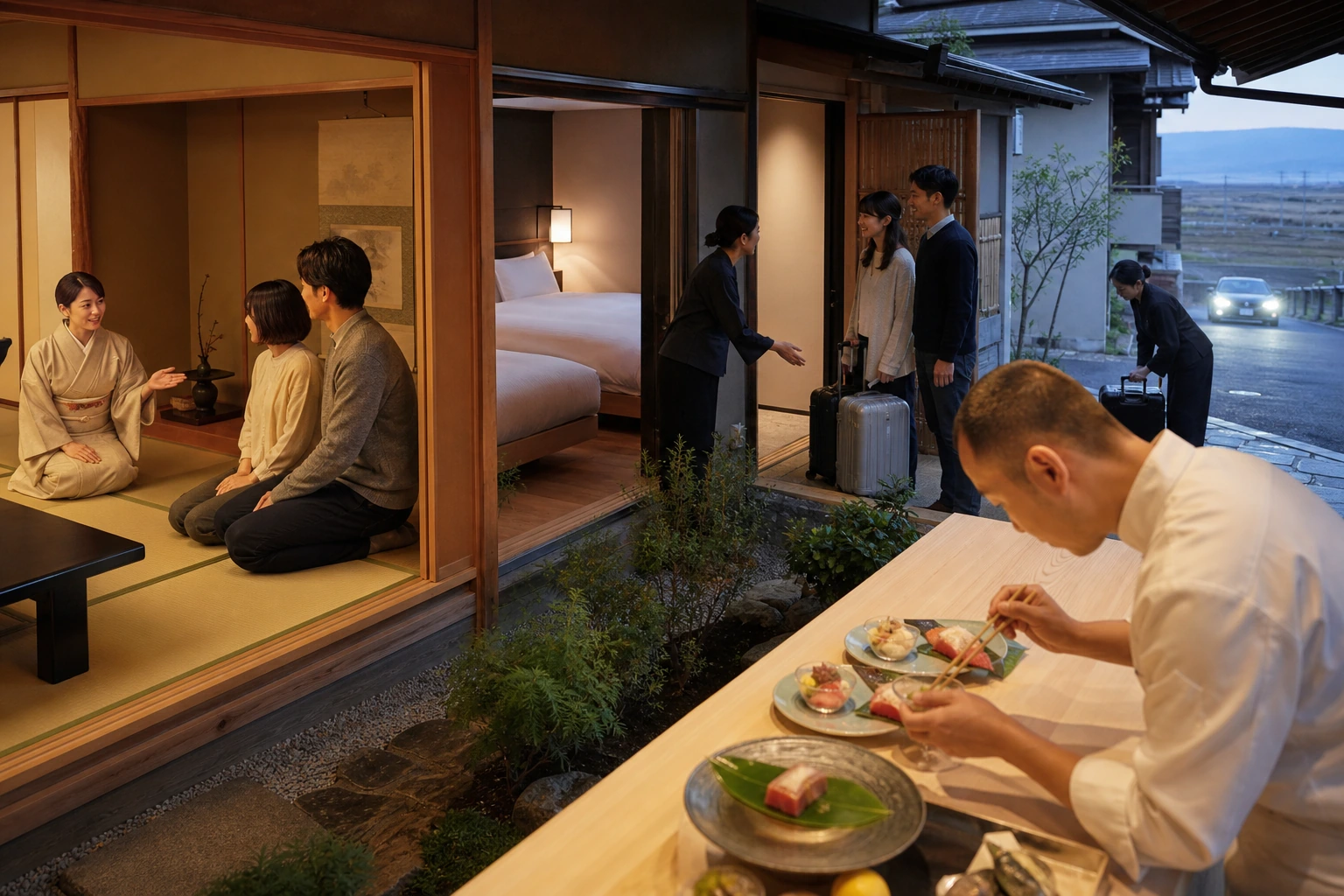 Photorealistic illustration for ryokan etiquette: setting and arrival