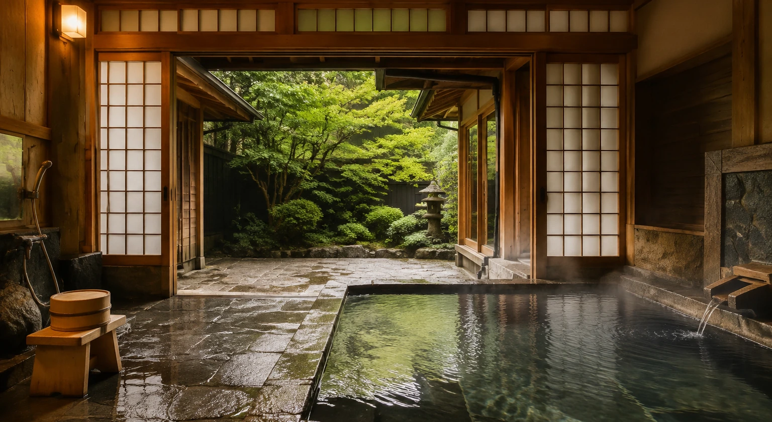 Photorealistic illustration for ryokan etiquette: accommodation and physical layout