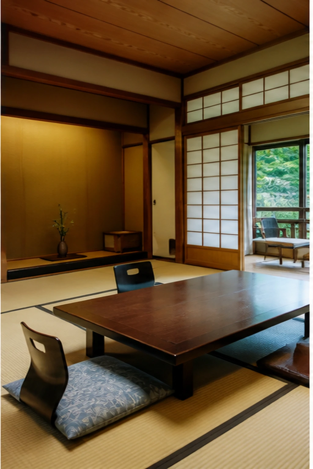 Photorealistic illustration for ryokan etiquette: accommodation and physical layout