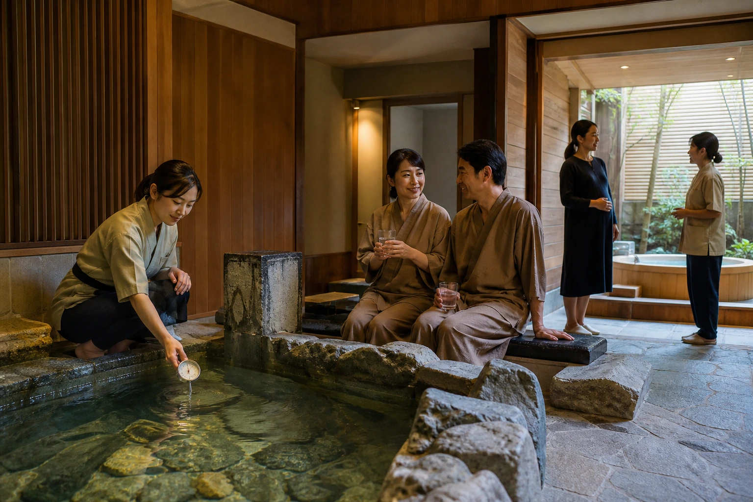 Photorealistic illustration for ryokan etiquette: signature experience
