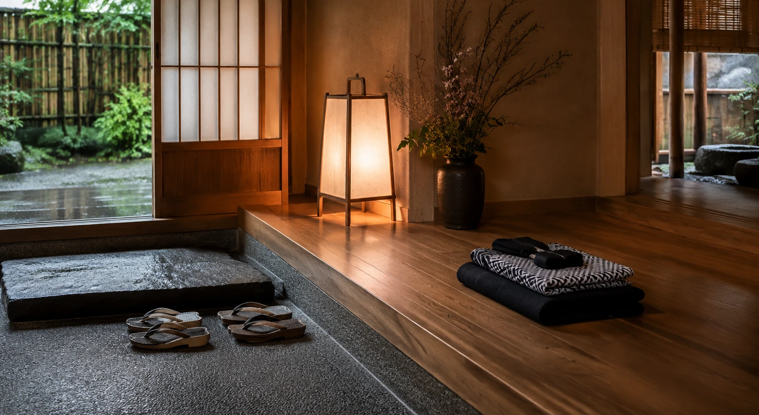 Photorealistic illustration for ryokan etiquette: logistics and service