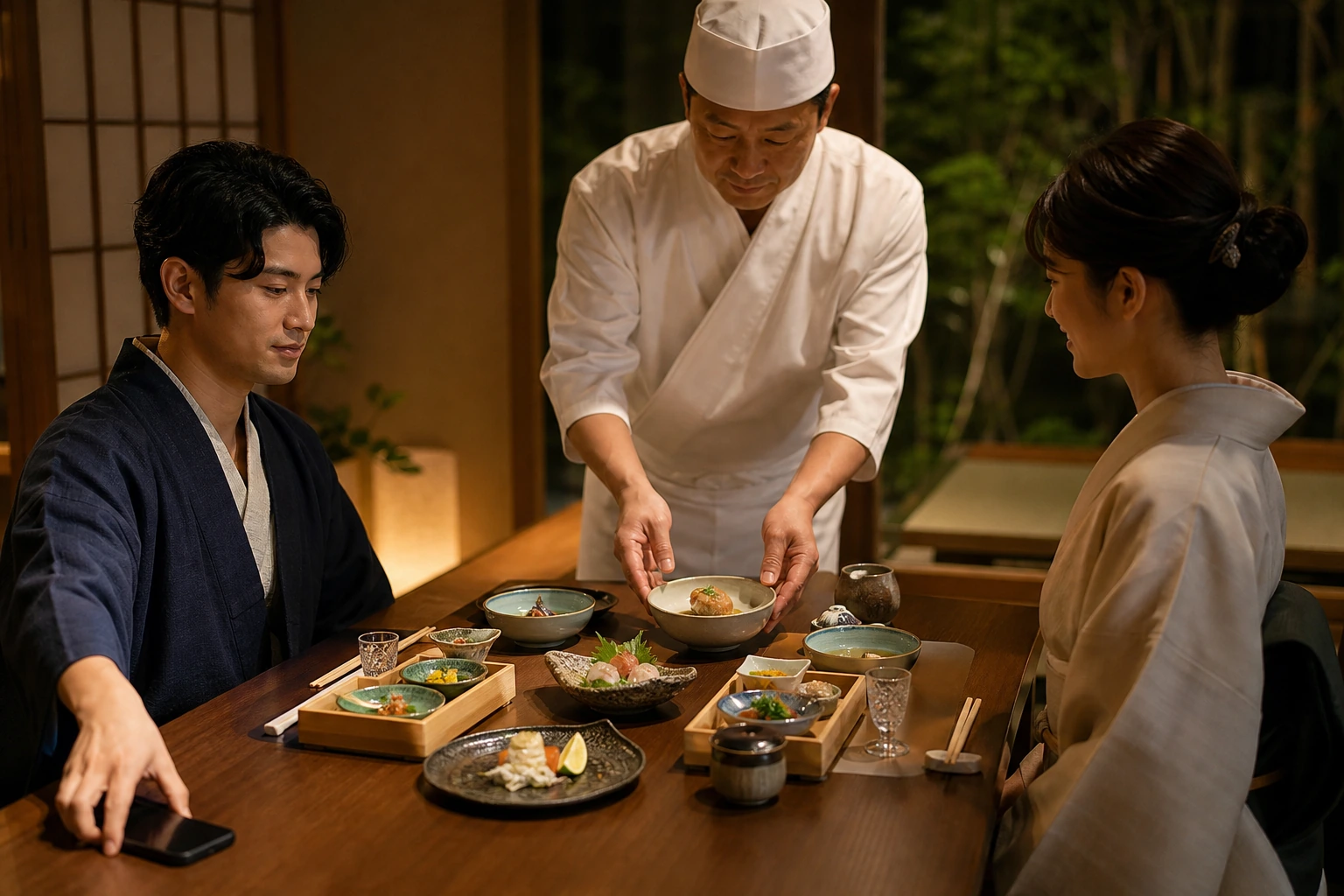 Photorealistic illustration for ryokan etiquette: logistics and service