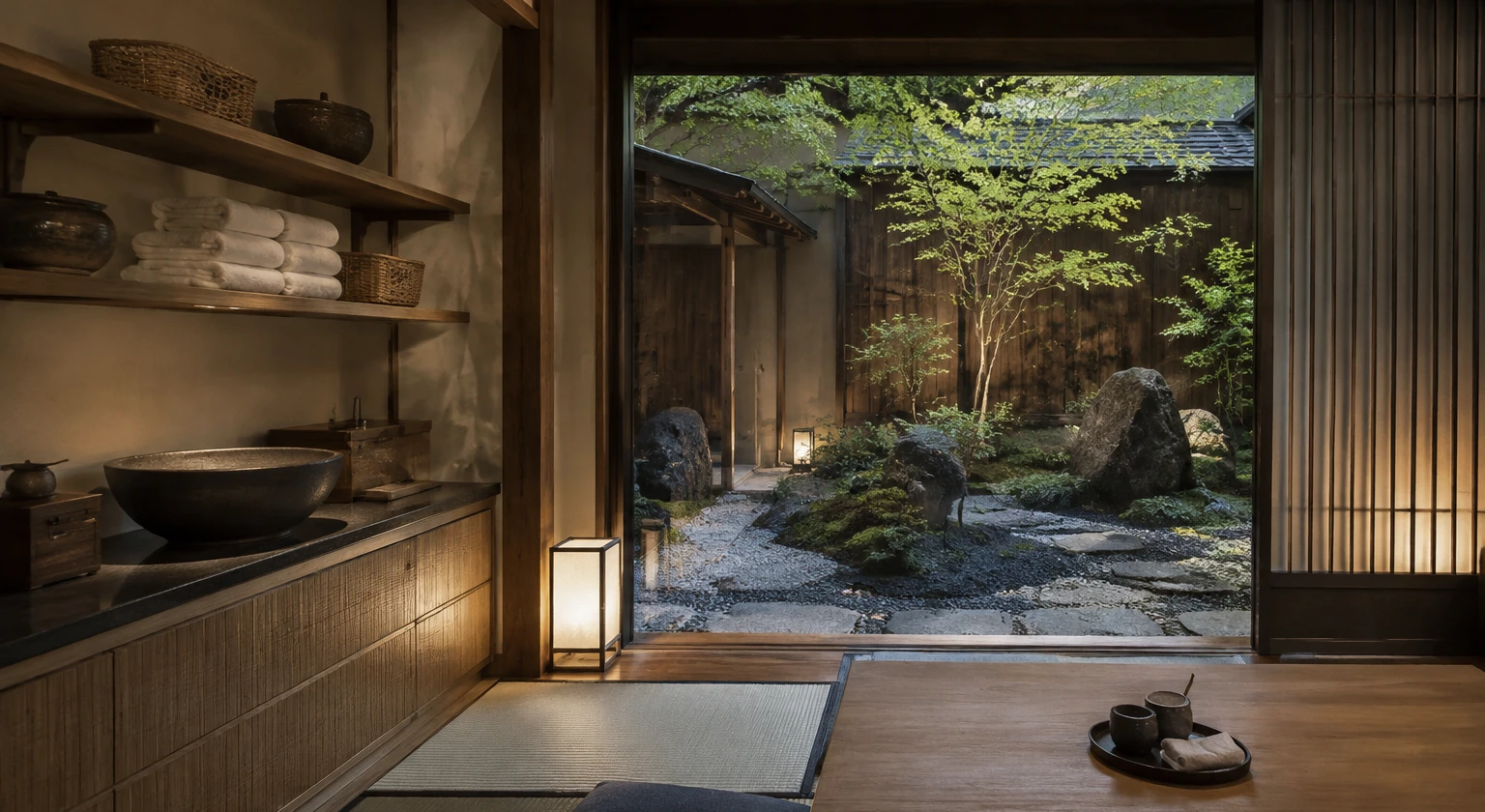 Photorealistic illustration for ryokan etiquette: reality-check detail