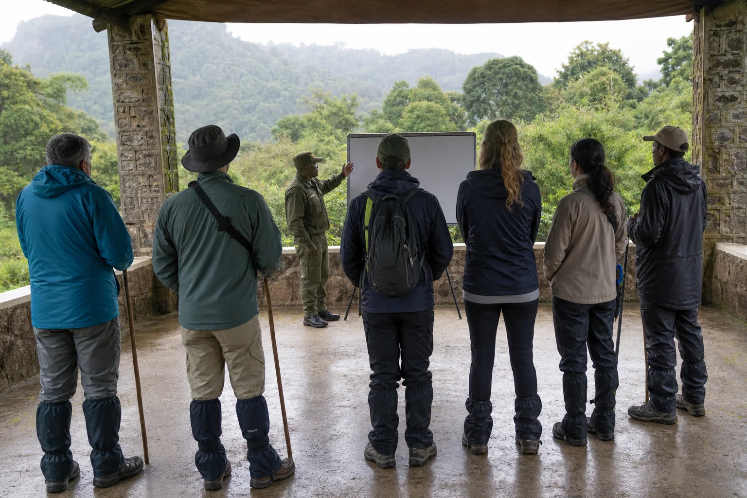 Allgemeines Permit-Briefing vor einer Gorilla-Wanderung