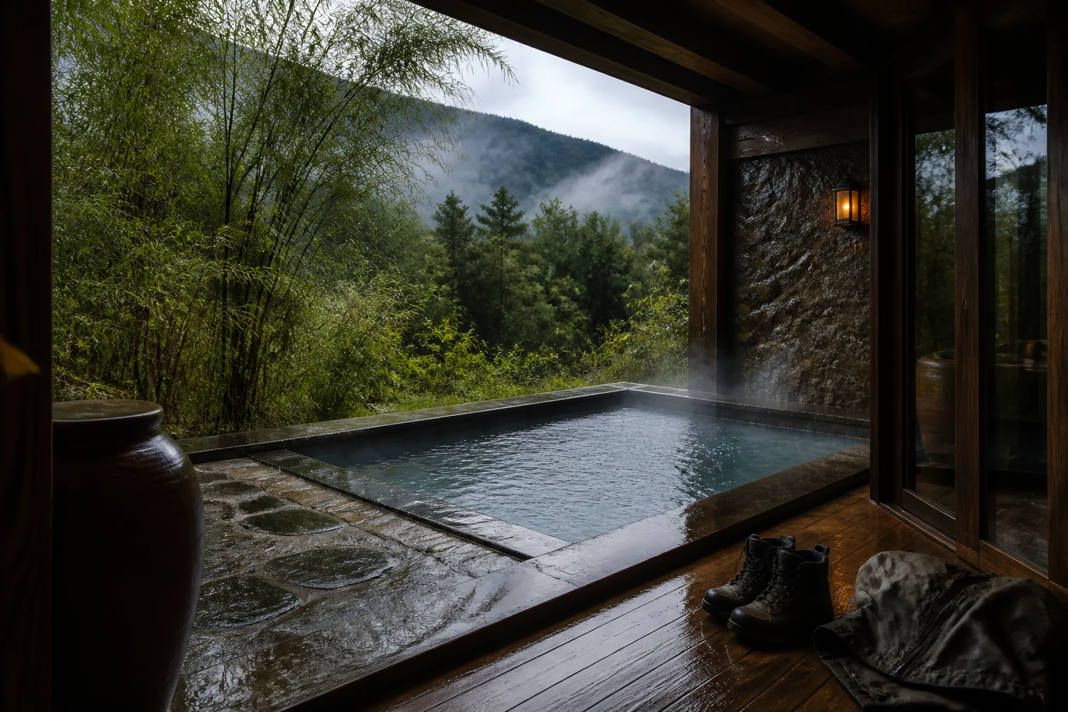 Piscine de suite fictive près d’une forêt volcanique humide avec équipement de trekking