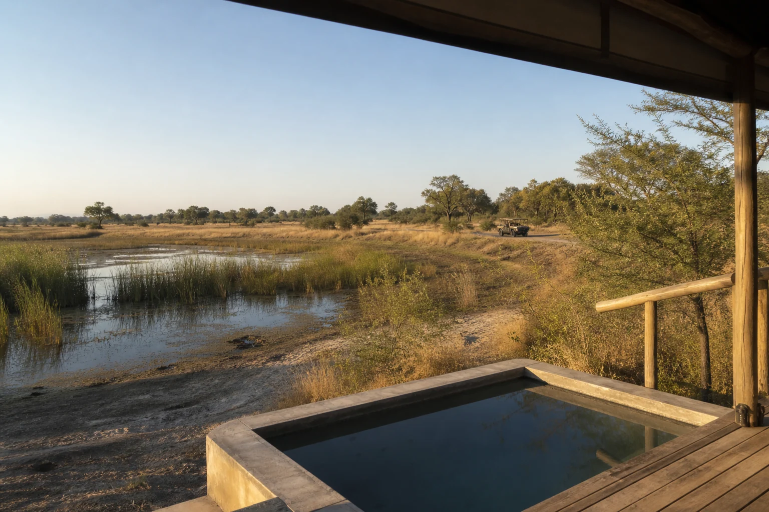 Piscine safari privée fictive avec lagune saisonnière et véhicule neutre