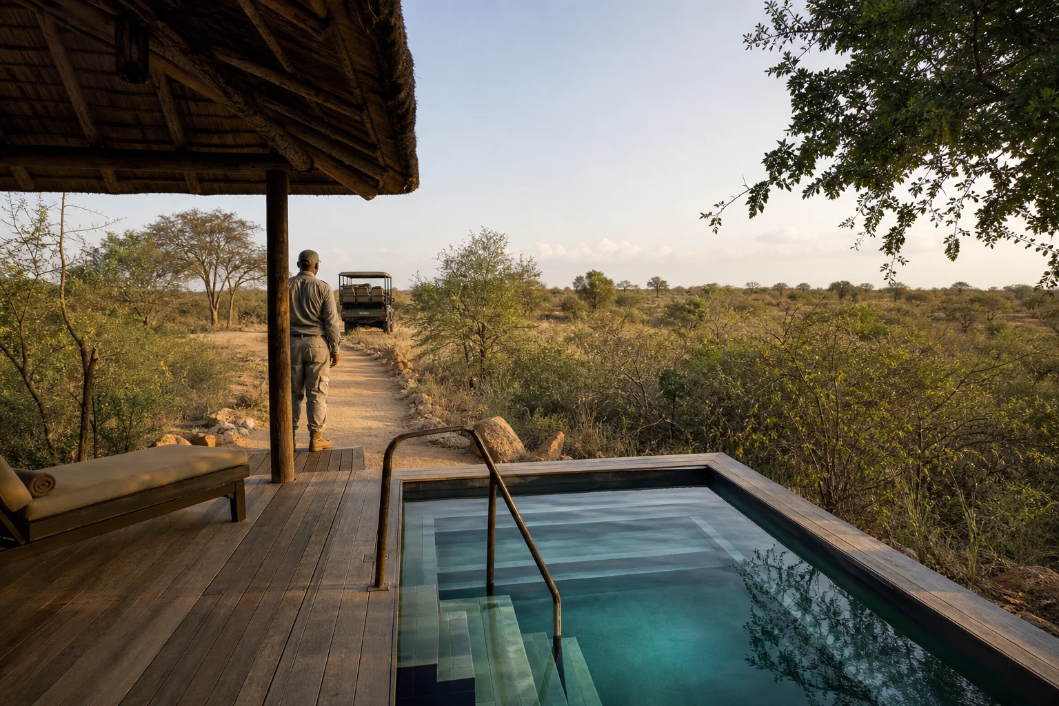 Piscine de suite safari fictive avec marches, main courante, guide et véhicule neutre