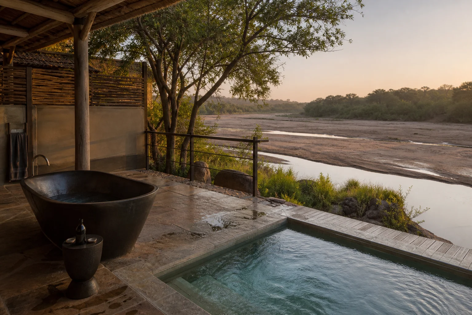Terrasse safari fictive avec piscine privée, bain extérieur et rivière saisonnière