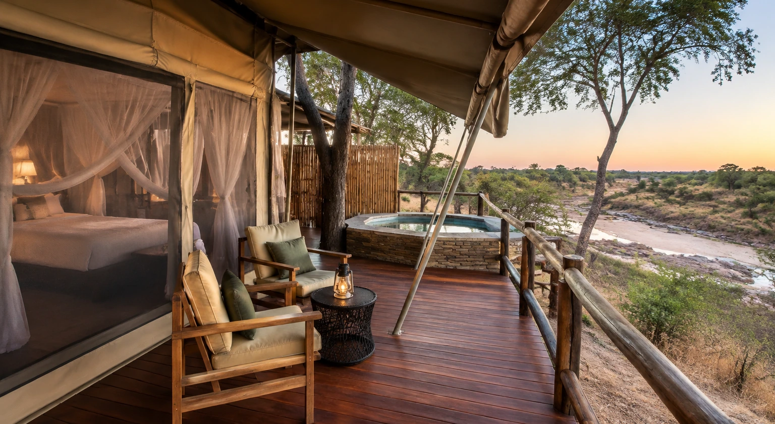 Photorealistic illustration for safari malaria planning: accommodation and physical layout