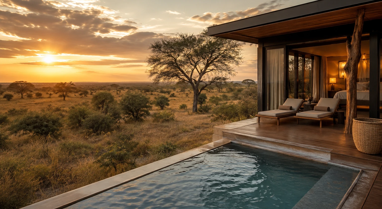 Photorealistic illustration for safari suite pool use: setting and arrival