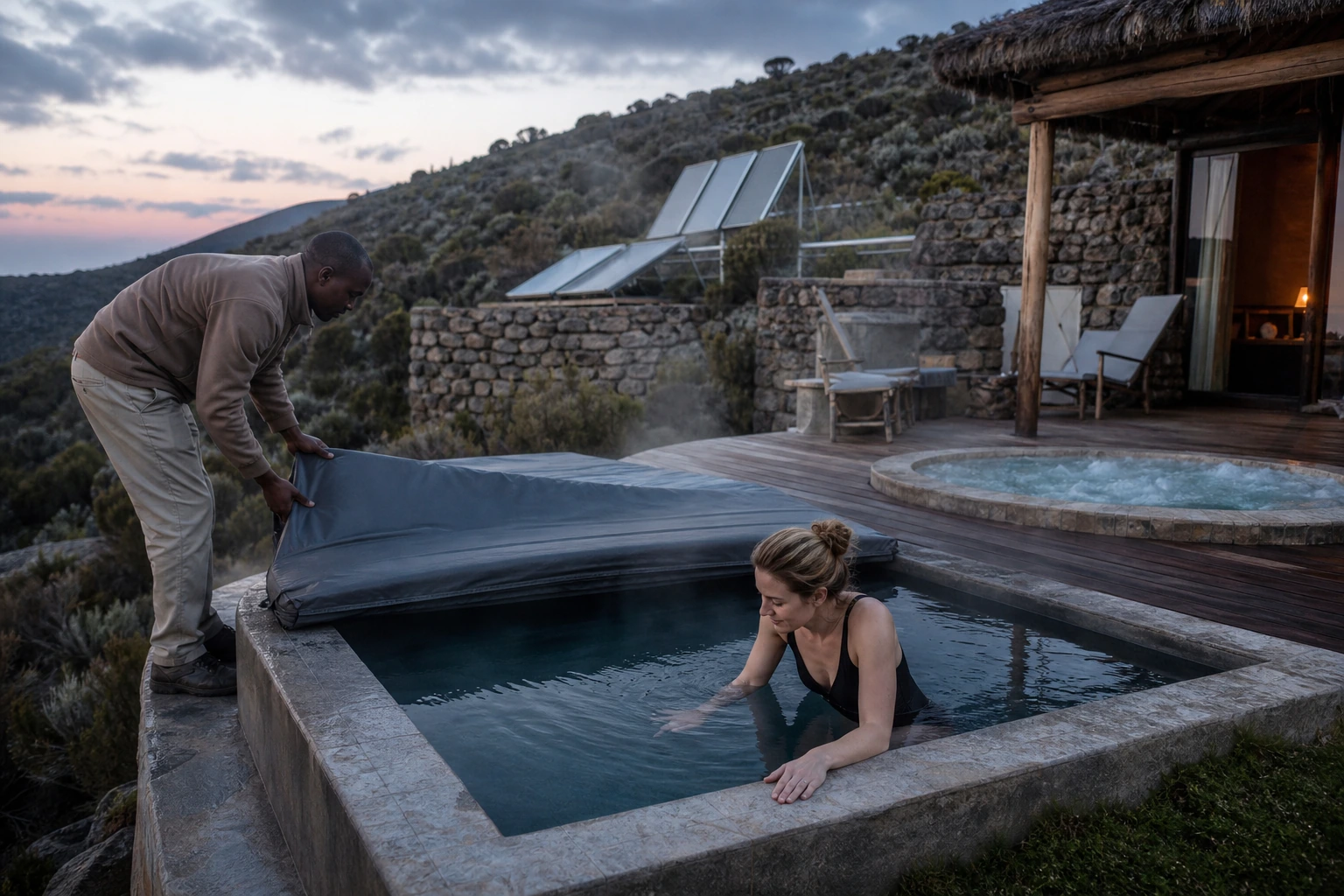 Photorealistic illustration for safari suite pool use: setting and arrival