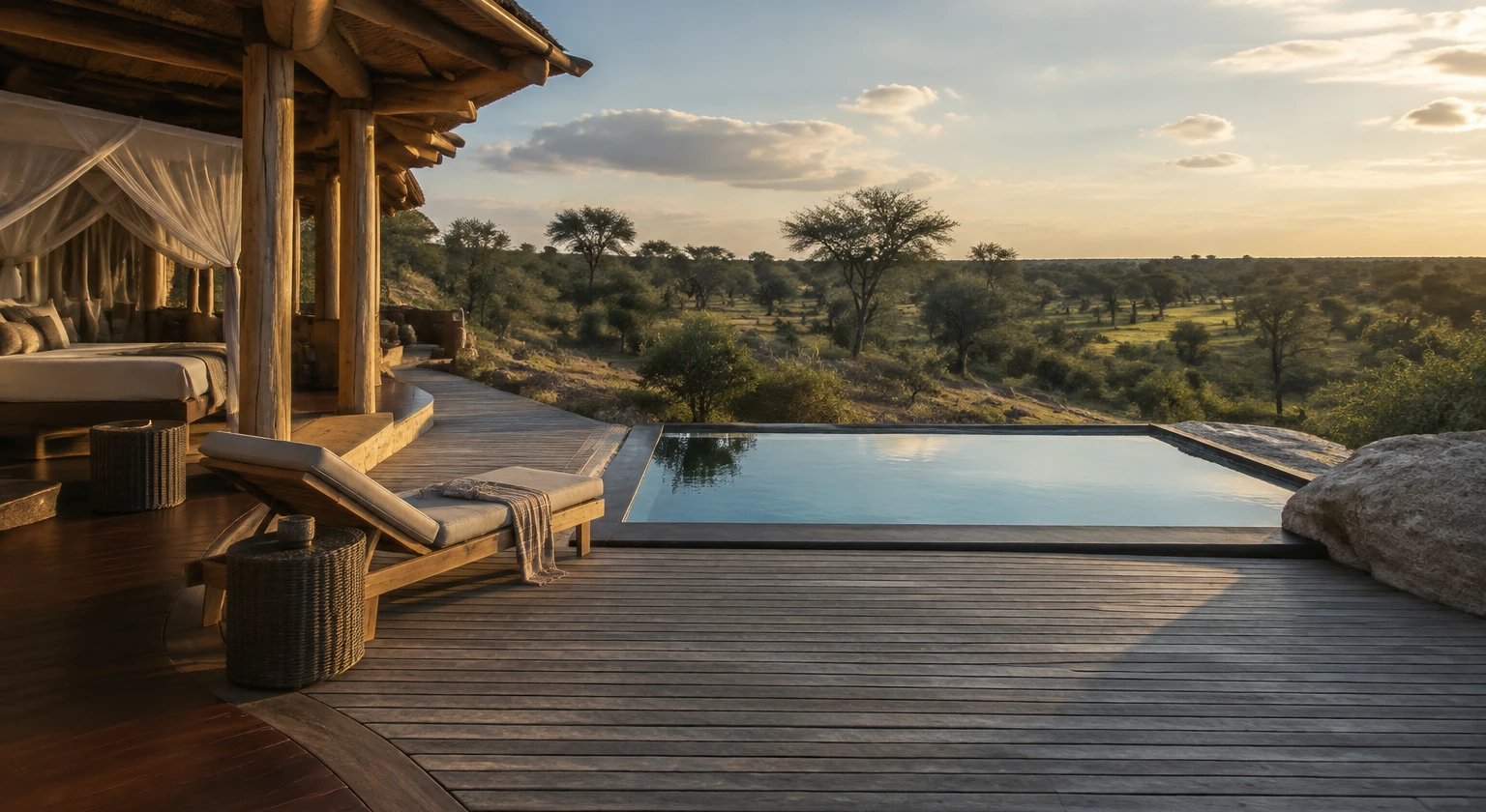 Photorealistic illustration for safari suite pool use: accommodation and physical layout