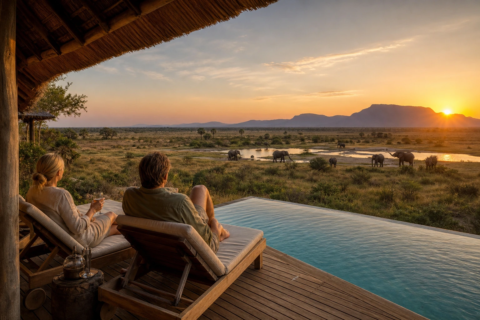 Photorealistic illustration for safari suite pool use: accommodation and physical layout