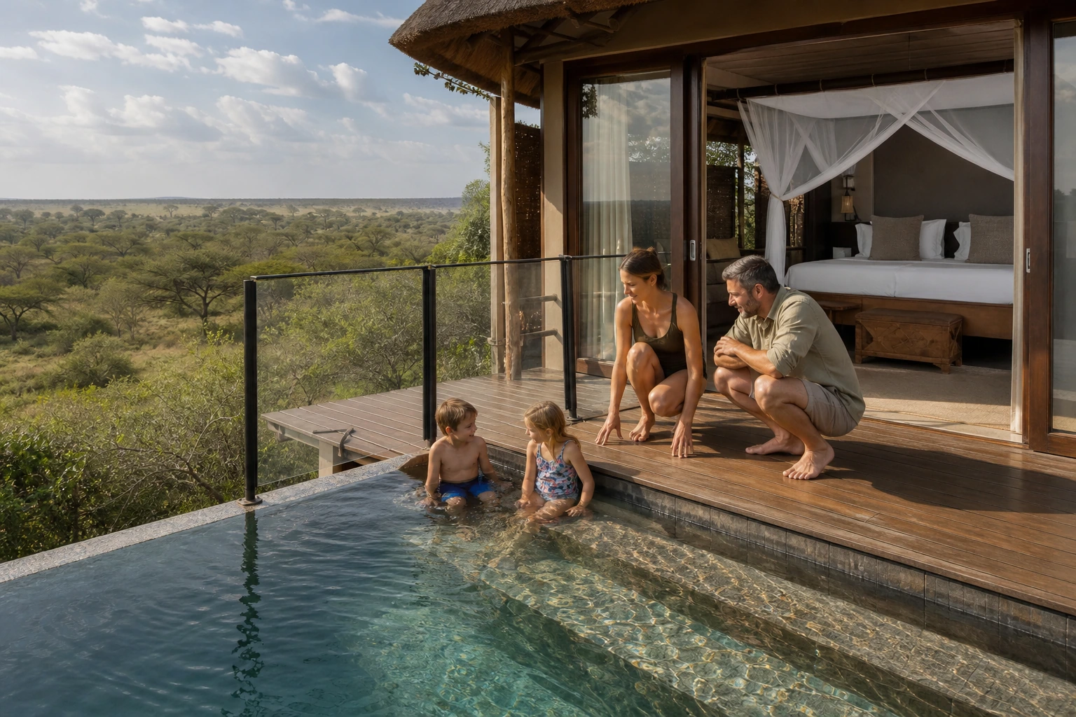 Photorealistic illustration for safari suite pool use: logistics and service