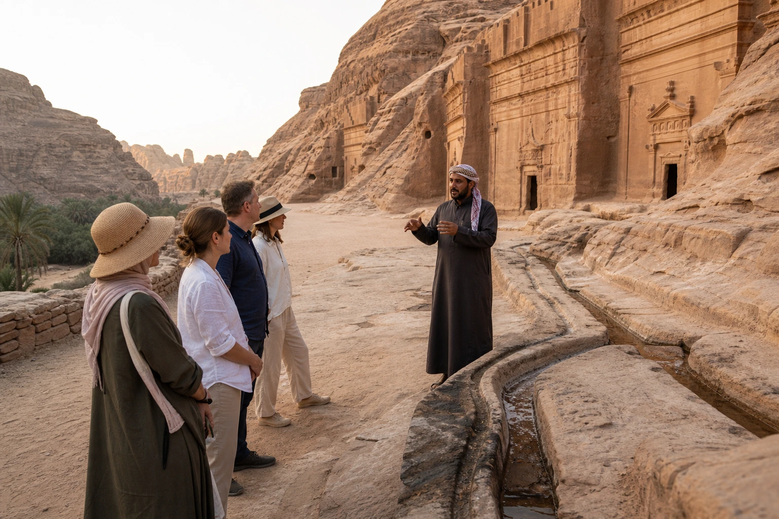 Fotorealistische Illustration zu saudi arabia resorts desert culture: setting and arrival