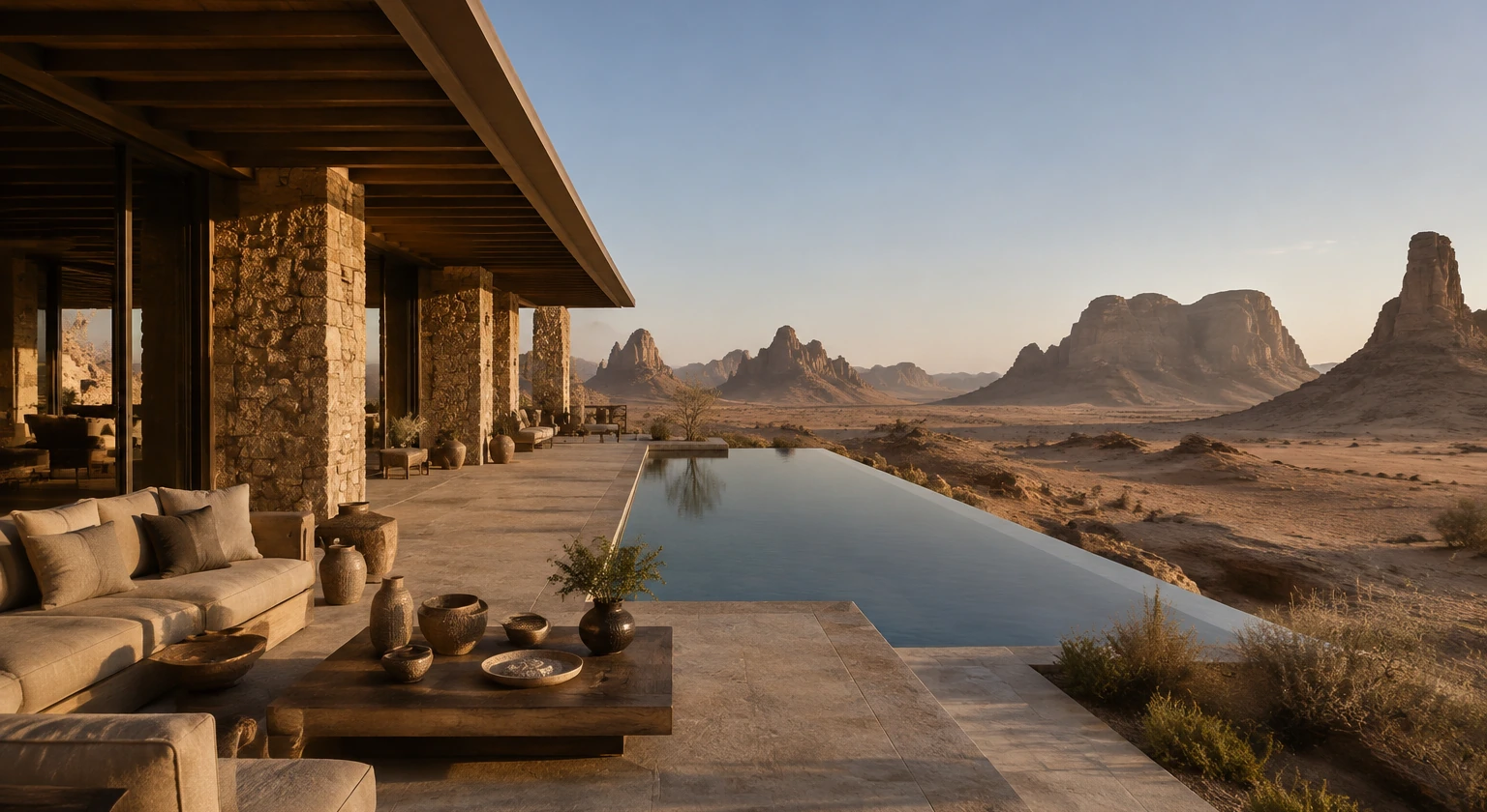 Photorealistic illustration for saudi arabia resorts desert culture: accommodation and physical layout