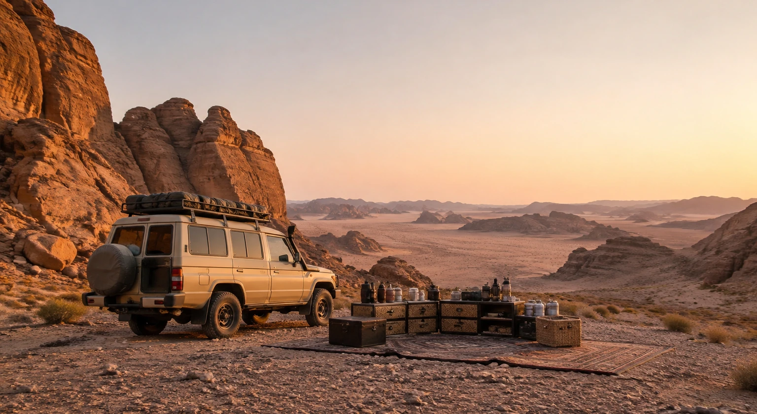 Photorealistic illustration for saudi arabia resorts desert culture: logistics and service