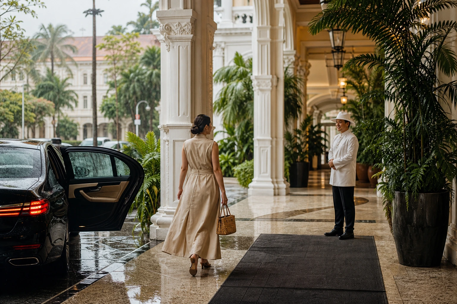 Photorealistic illustration for singapore luxury hotels dining: setting and arrival