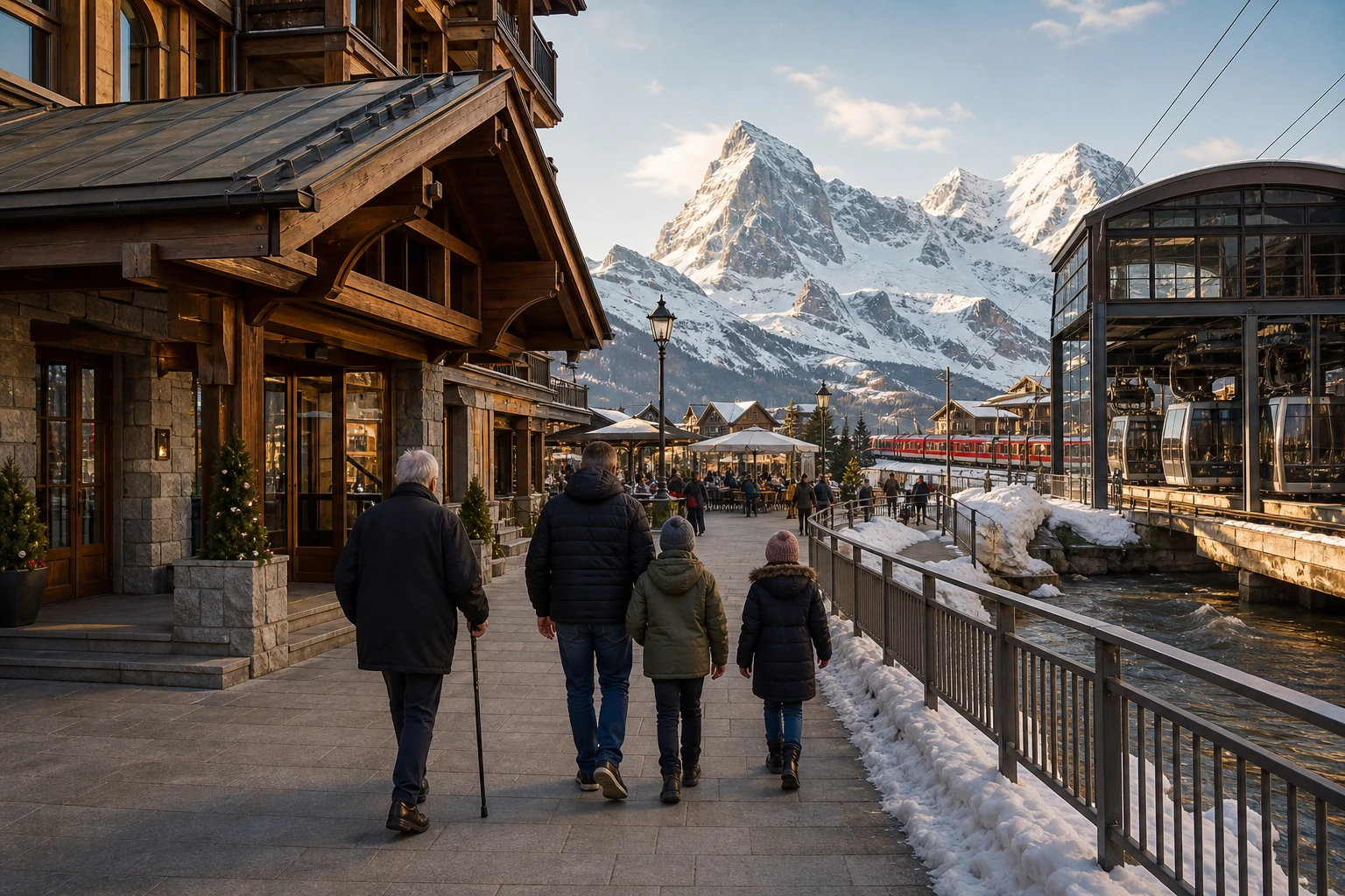 Photorealistic illustration for ski holidays with non skiers: setting and arrival