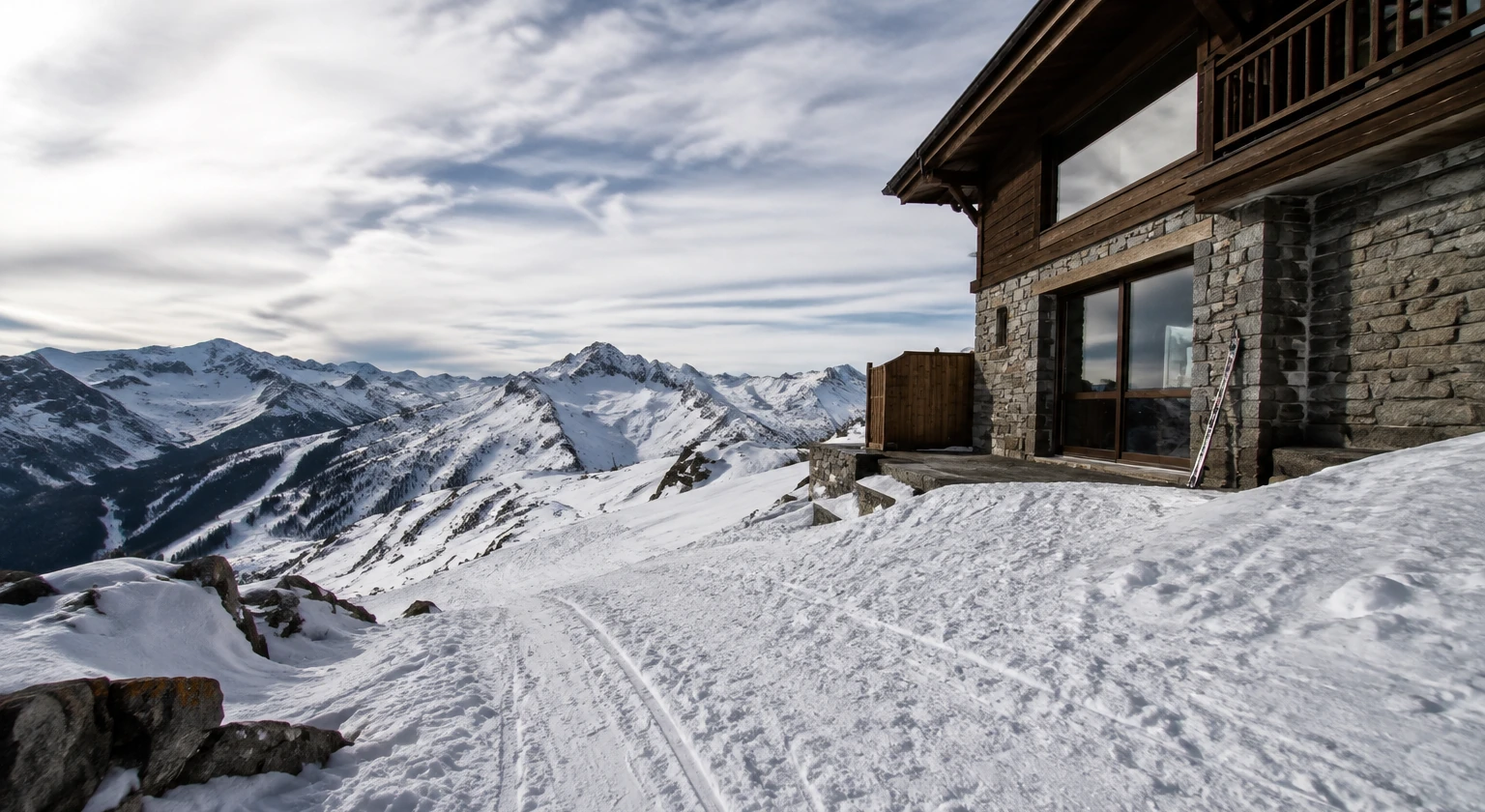 Photorealistic illustration for ski in ski out evaluation: setting and arrival