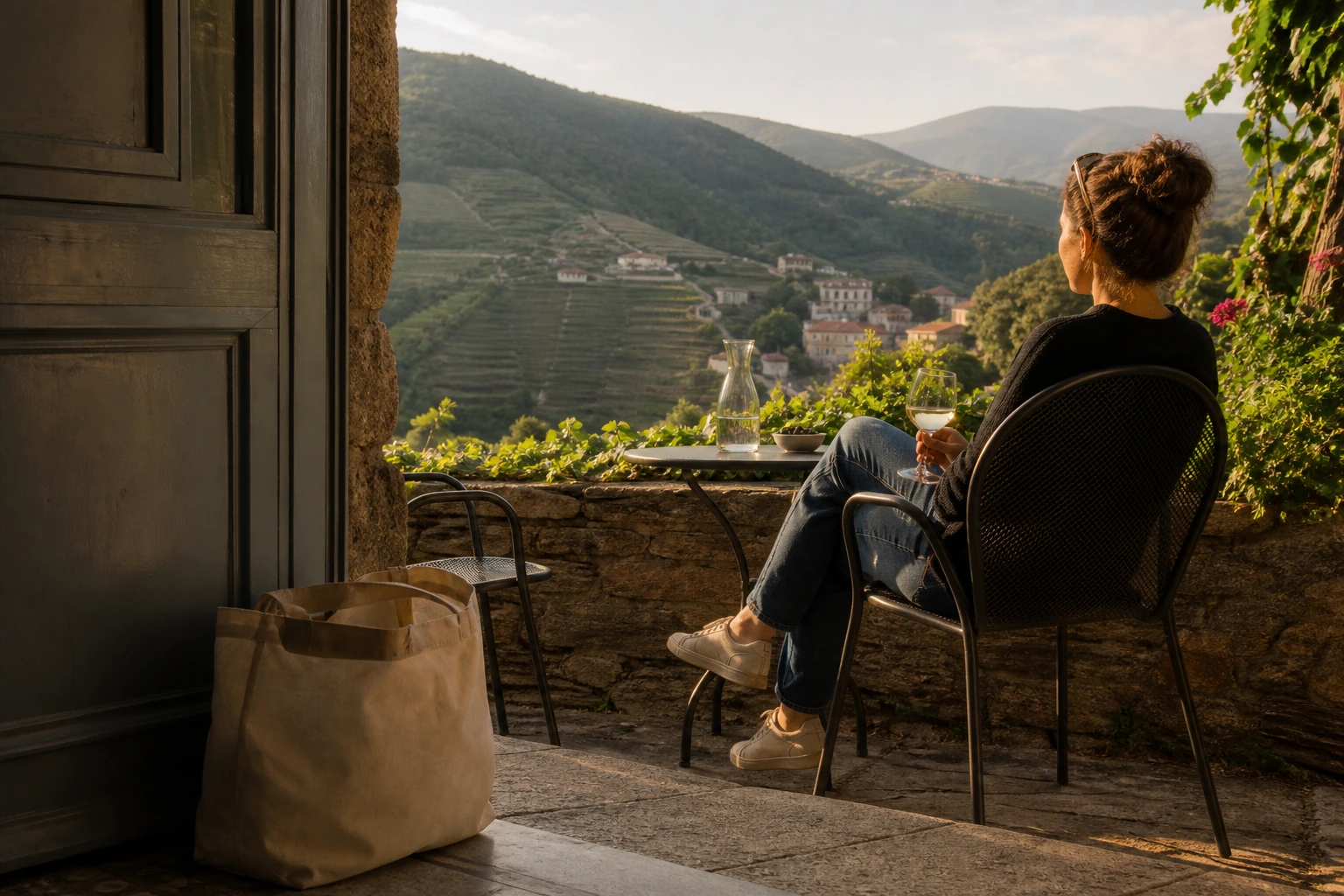 Photorealistic illustration for slow travel depth: setting and arrival